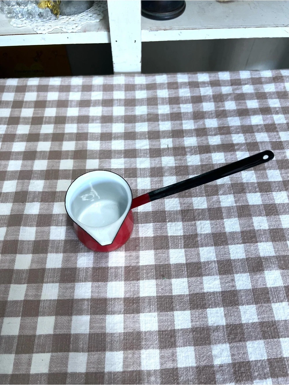 Vintage Hong Kong coffee briki melting pot ladle red black white enamel